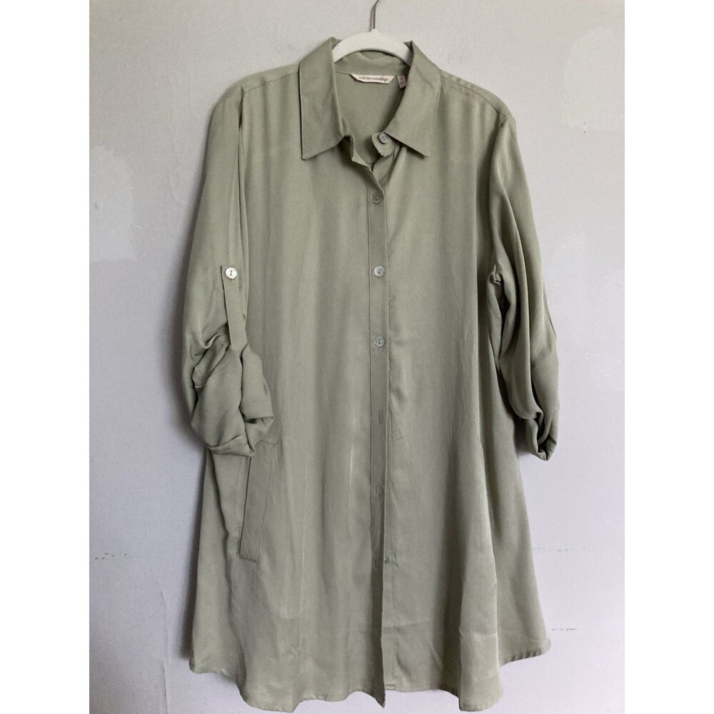 Soft Surroundings Tencel Tunic Women’s LARGE Button Front Long Sleeve Green
